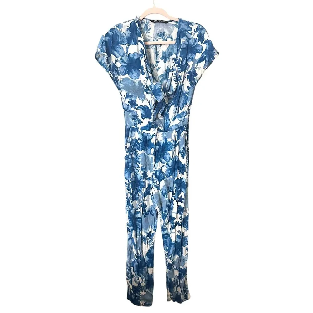 ZARA Floral Tie Front Linen Blend Jumpsuit Blue Small‎